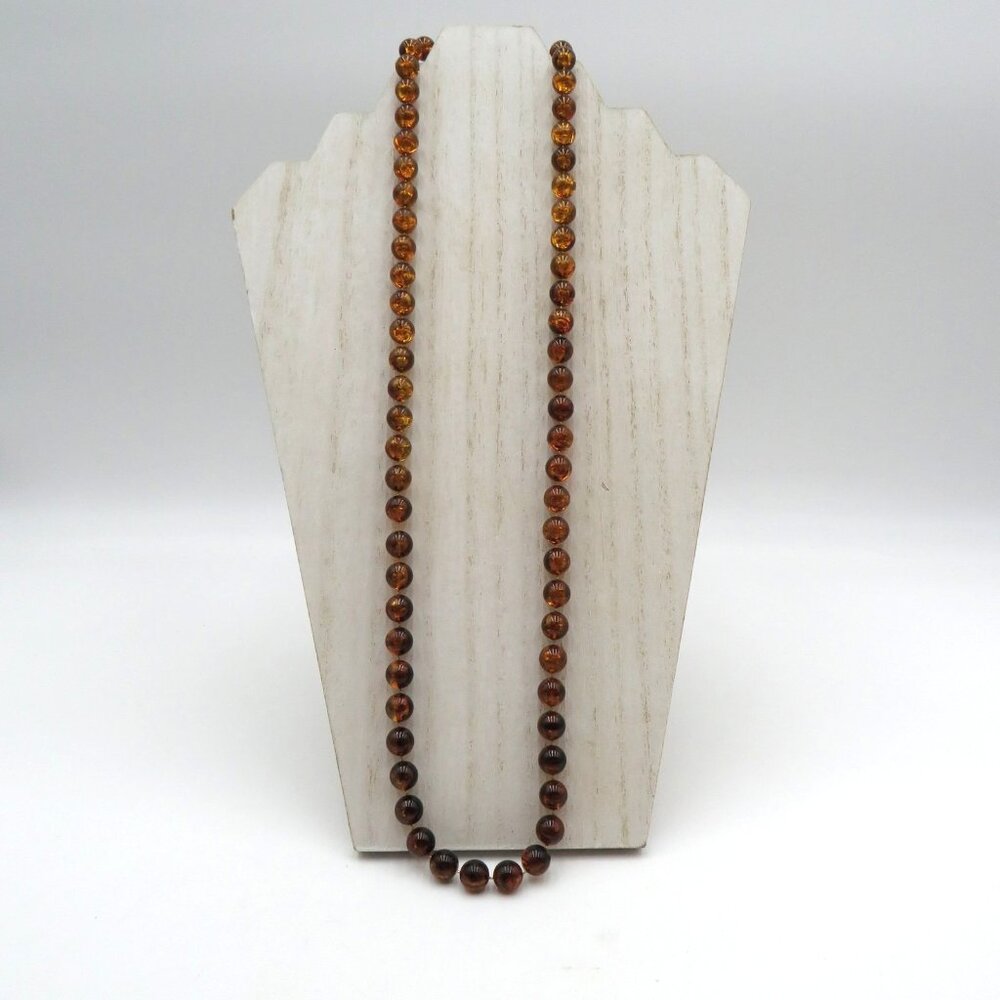 Vintage Crackle Bead Necklace 30" Honey Cognac‎ Round Lucite Beads Gold Clasp